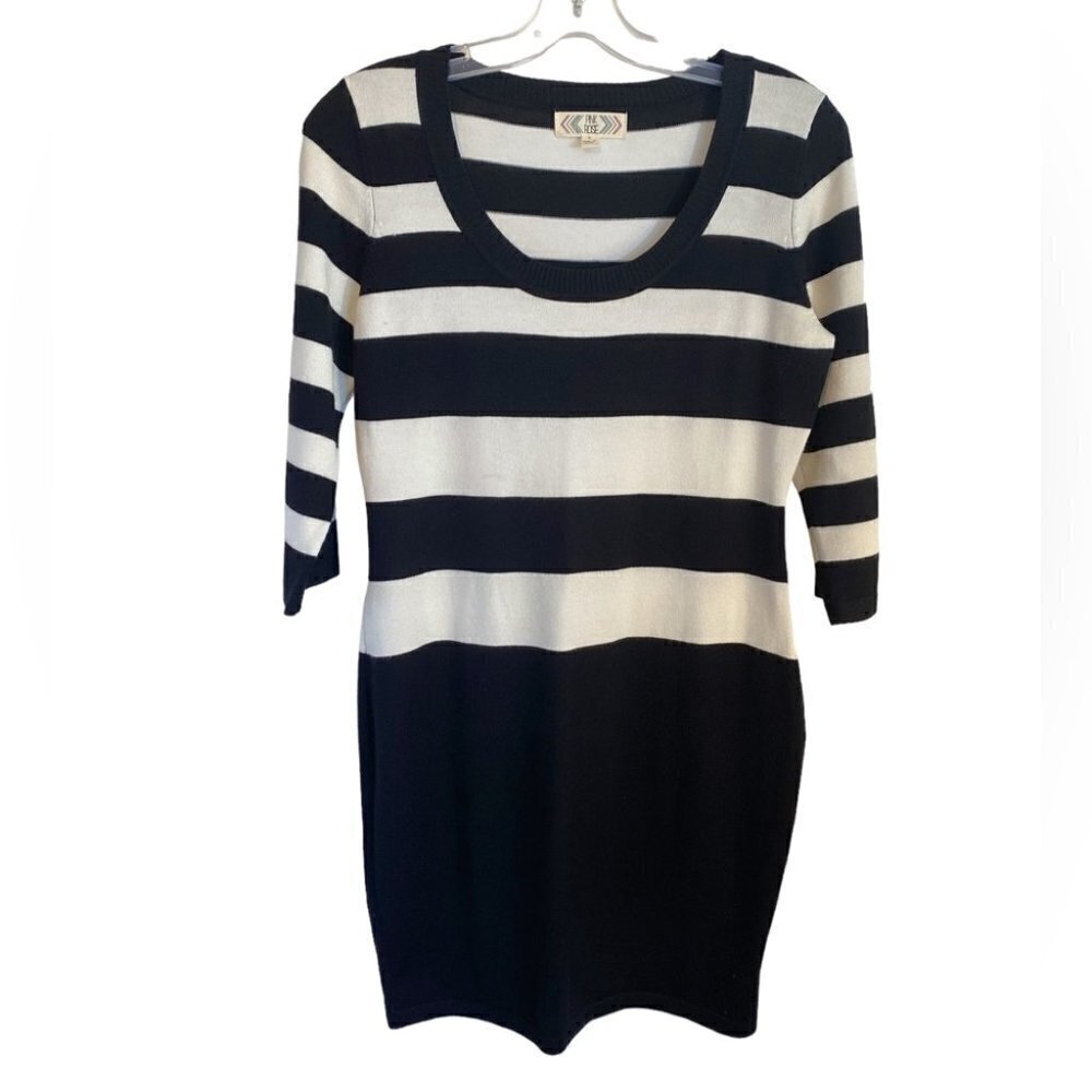 Pink Rose Black and White Striped Sweater  Dress Ladies L